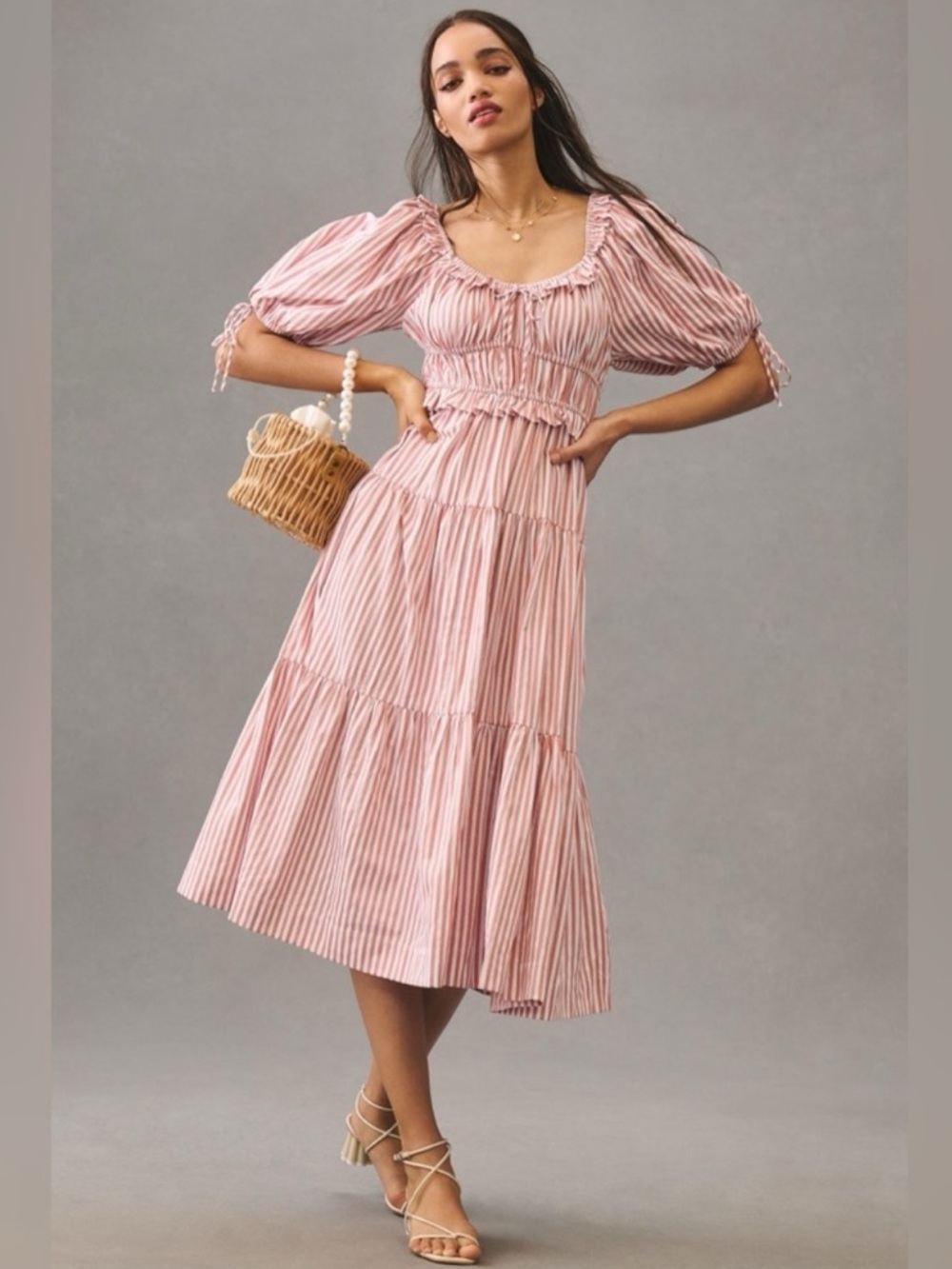 En Saison Brielle Tiered Puff Sleeve Midi Dress Stripe Size XS